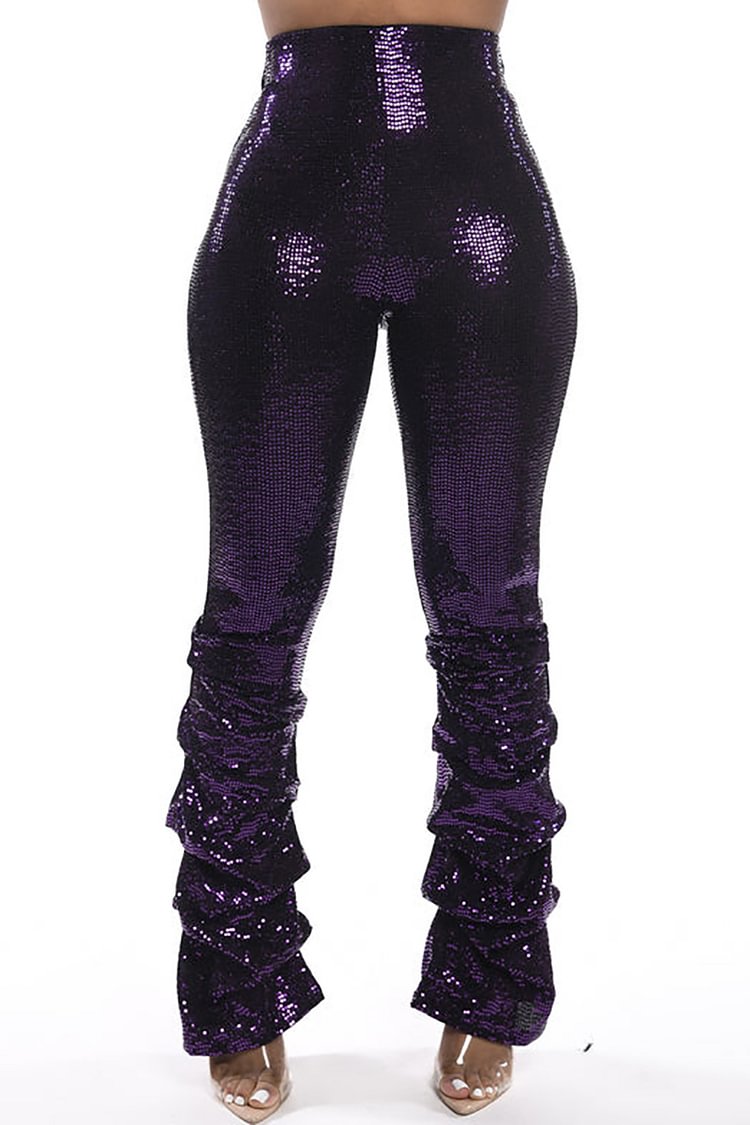 Xpluswear Plus Size Party Glitter Purple High Waist Fold Leggings [Pre-Order]
