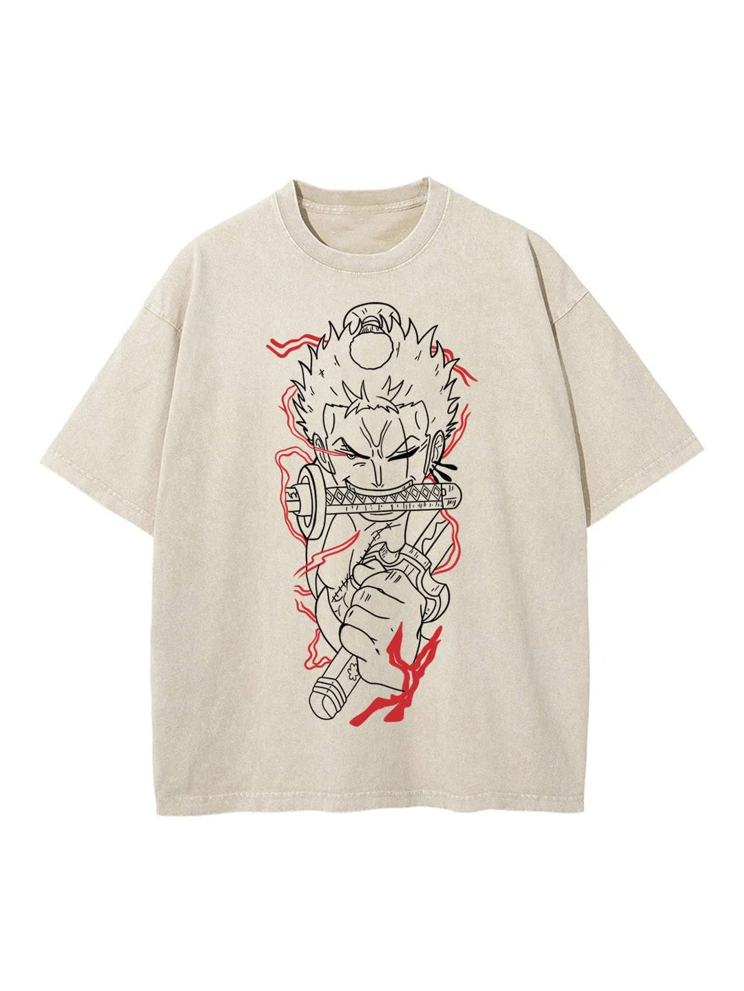 Zoro Swords Beige Anime Oversize Washed T-Shirt