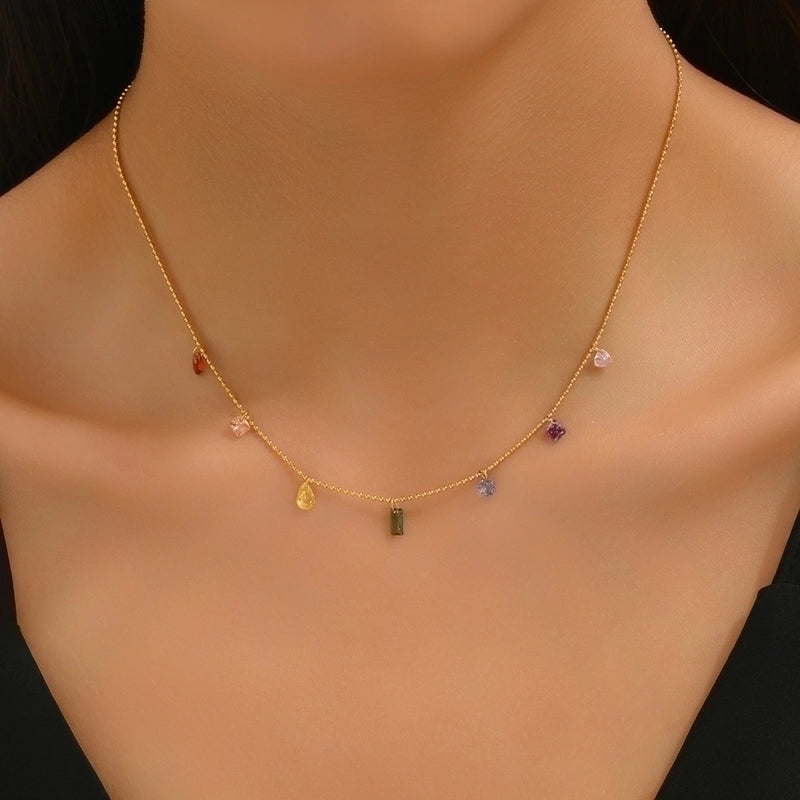 Vintage Style Color Block 304 Stainless Steel Titanium Steel Crystal 18K Gold Plated Beaded Plating Necklace2