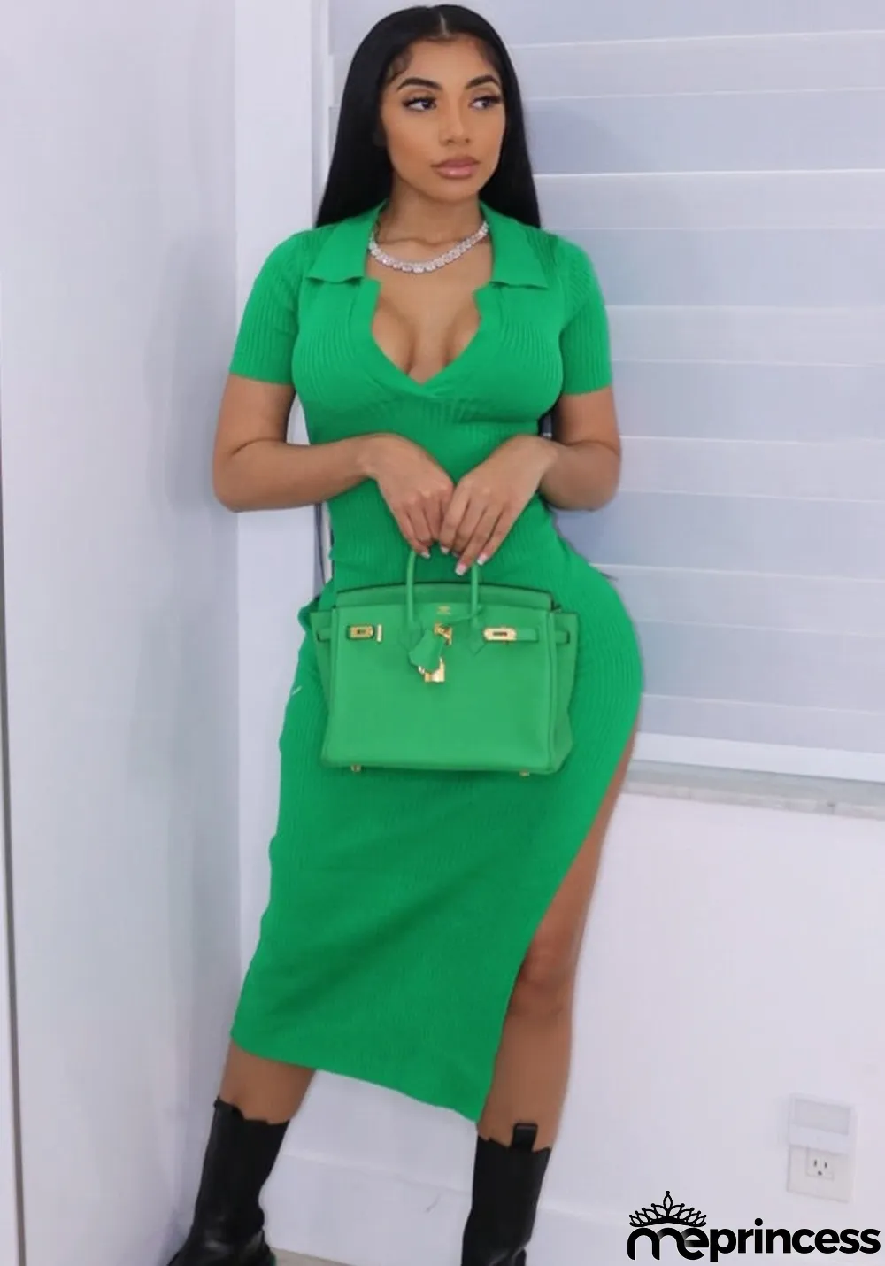 Women Spring Green Sexy V-neck Short Sleeves Solid Knit Midi Dress