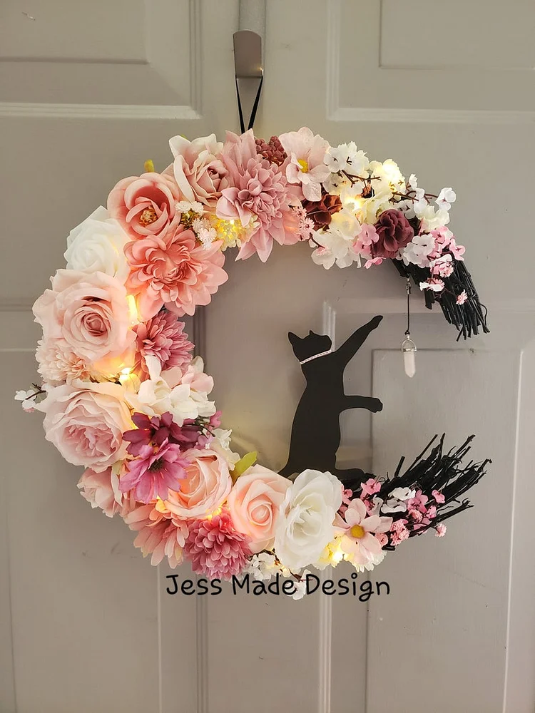 Pink moon wreath, Cat moon wreath, Witchy home decor, Spring wall decor, Crystal moon wreath, Shabby chic home decor, 14"
