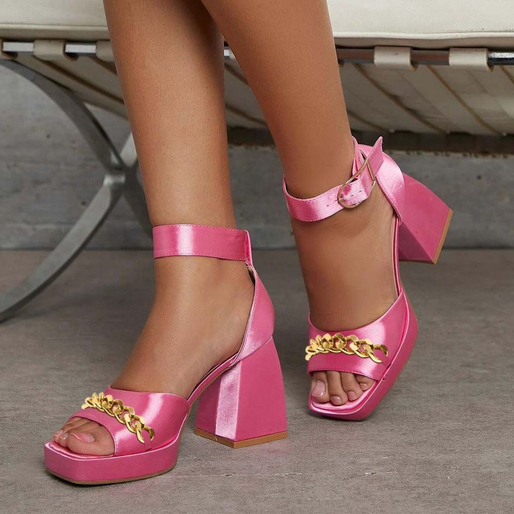 Pink Satin Ankle Strap Chunky Heel Platform Sandals with Metal Chain Nicepairs