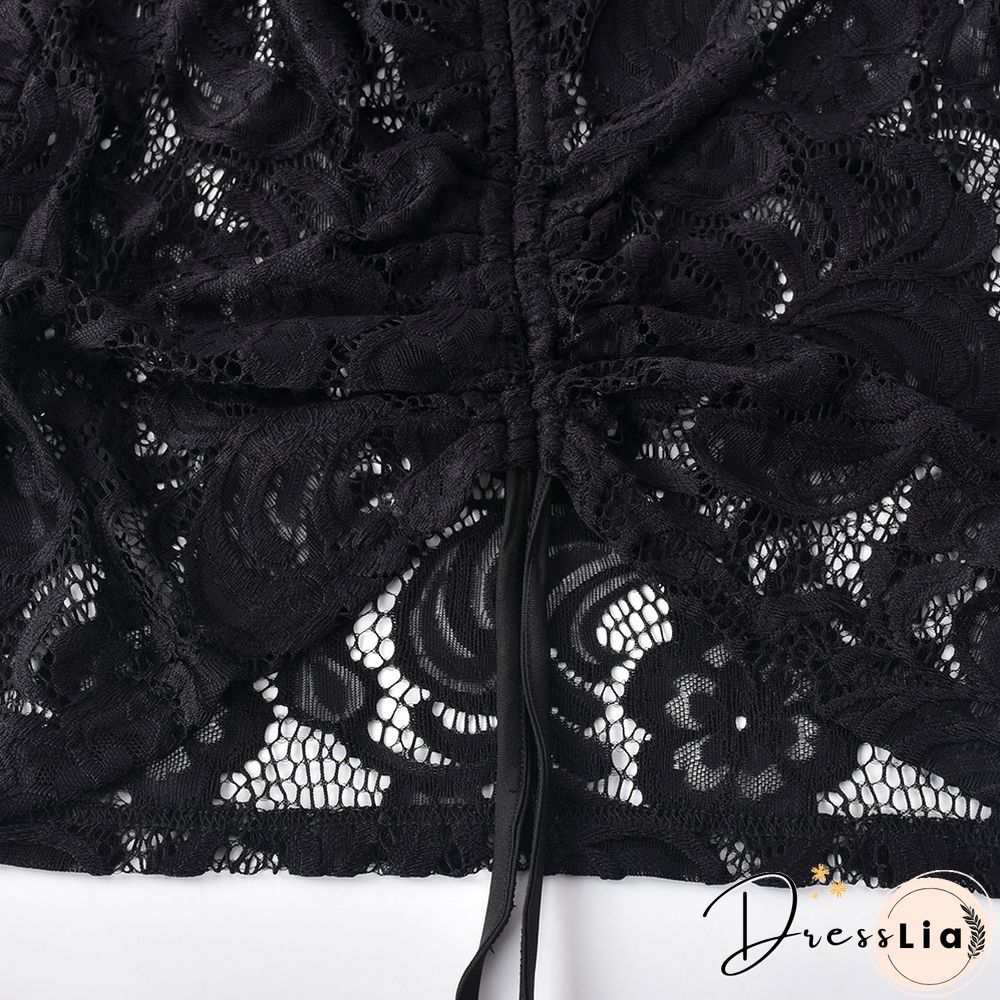 Lace Drawstring Ruched Long Sleeve Backless Dresses