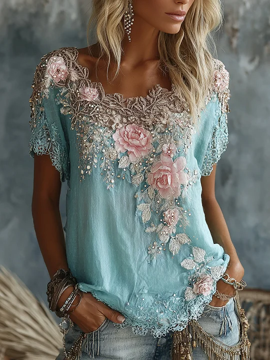 lareven Women's Vintage Rose Floral Art Flowy Linen Blend Casual Tops