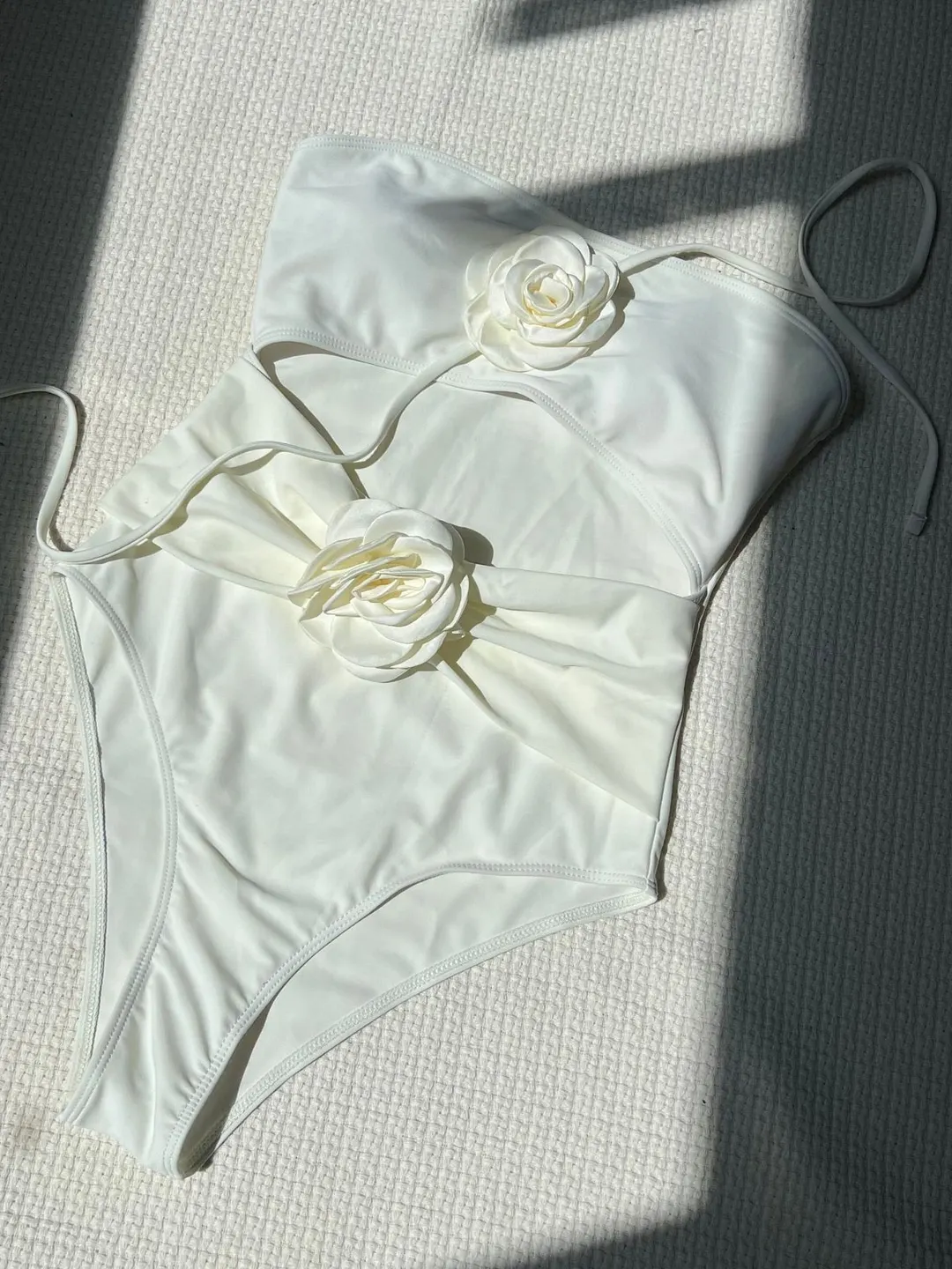 Uveng 2024 New Drawstring Hollow Solid Rose Slings With Conjoined Swimsuit Bikini