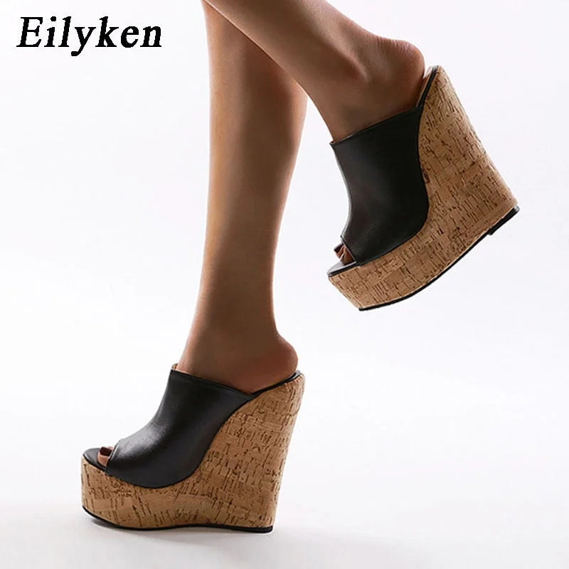 Newest Peep Toe Platform Wedge Slippers Black Summer Shoes Woman Sexy Super High Sandal Slippers Black 35-42 Mules