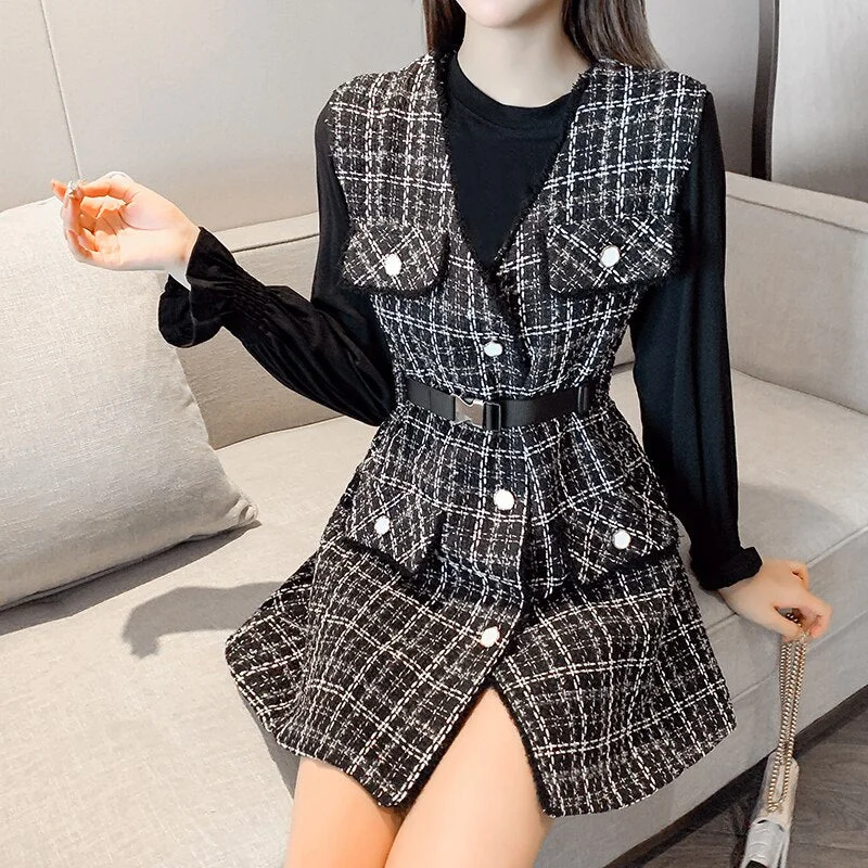 UForever21 Early Spring Women's Casual Two Piece Set Small Fragrance Tweed Sleeveless Vest Mini Dress + Long Sleeve T-Shirt Suits Outfits