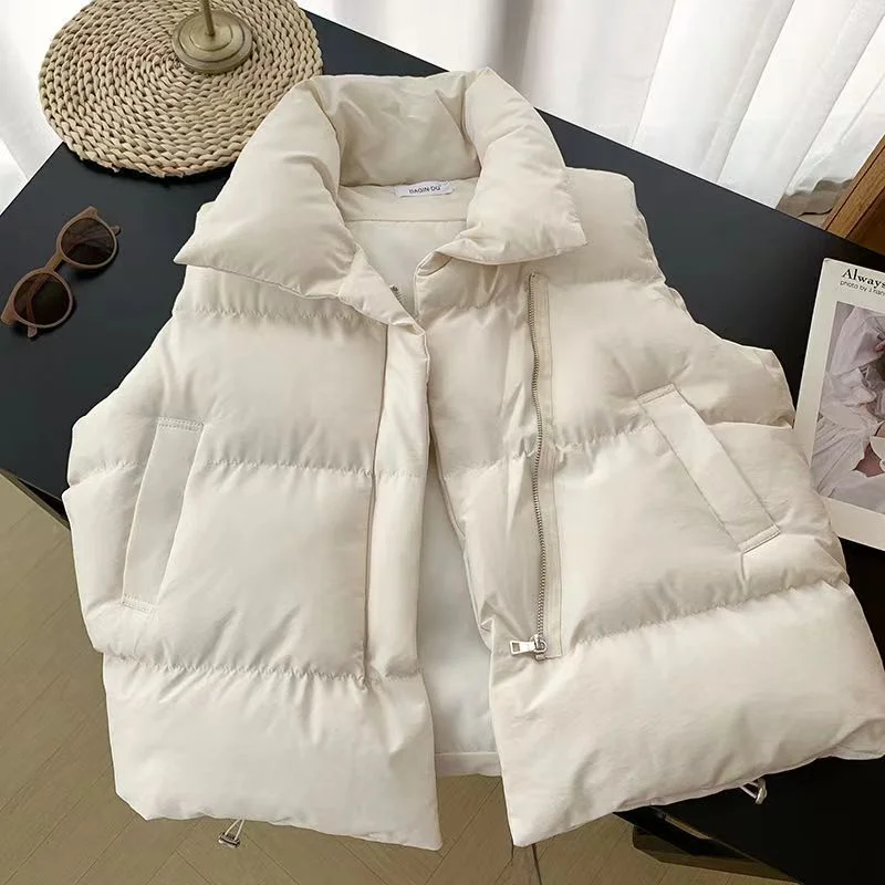 Women Sleeveless Stand-up Collar Solid Color Puffer Vest Coats