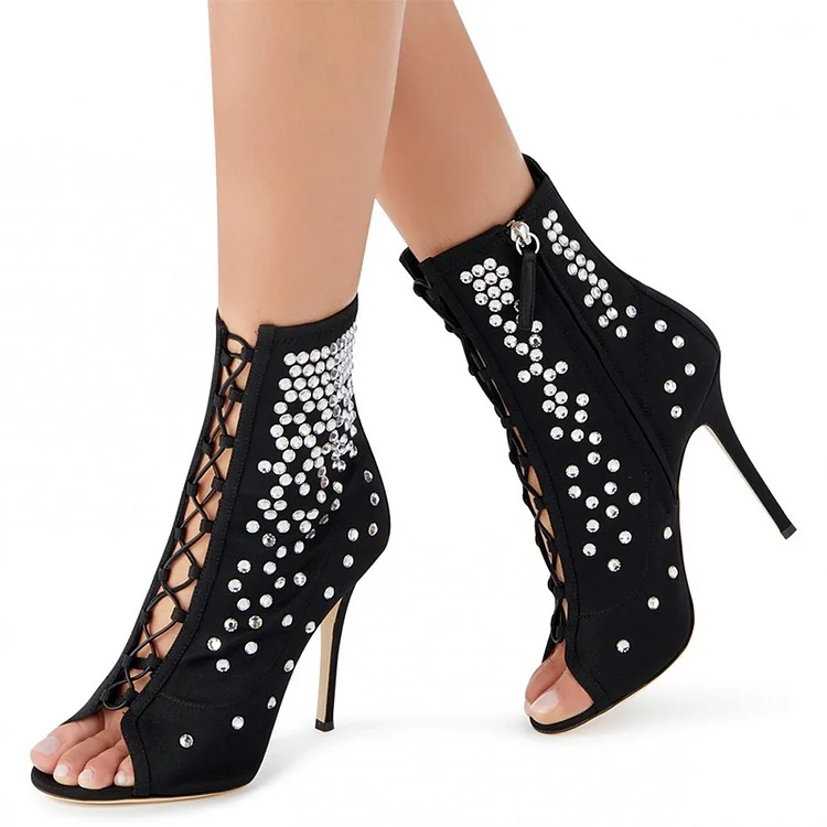 Black Vegan Suede Lace Up Rhinestones Stiletto Heel Peep Toe Booties |FSJ Shoes