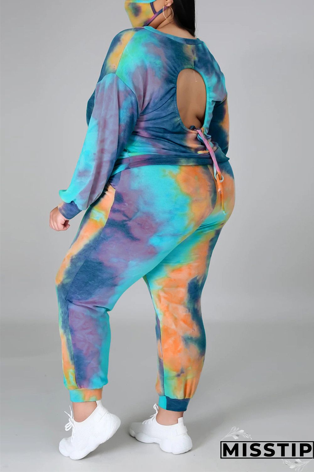 multicolor Fashion Casual Print Tie Dye Tie-dye Backless O Neck Plus Size Set