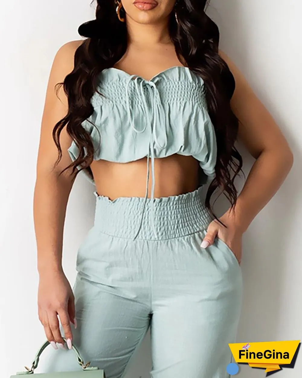 Bandeau Shirring Detail Frill Hem Crop Top & Pants Set