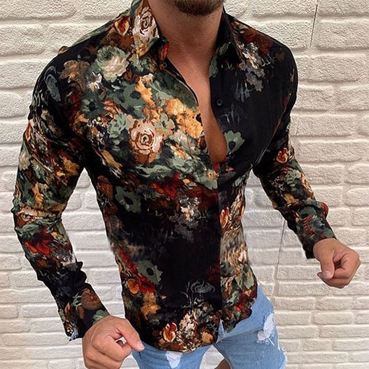 Lapel Floral Casual Print Slim Men's Shirt