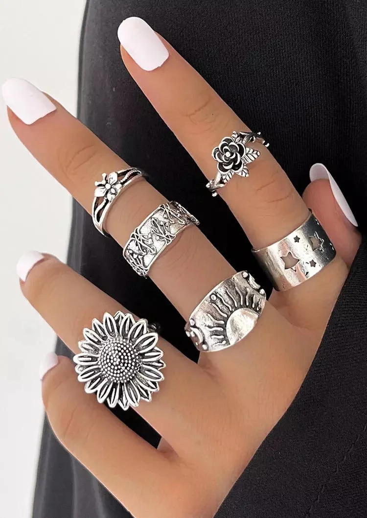 6Pcs Sunflower Hollow Out Star Alloy Ring Set