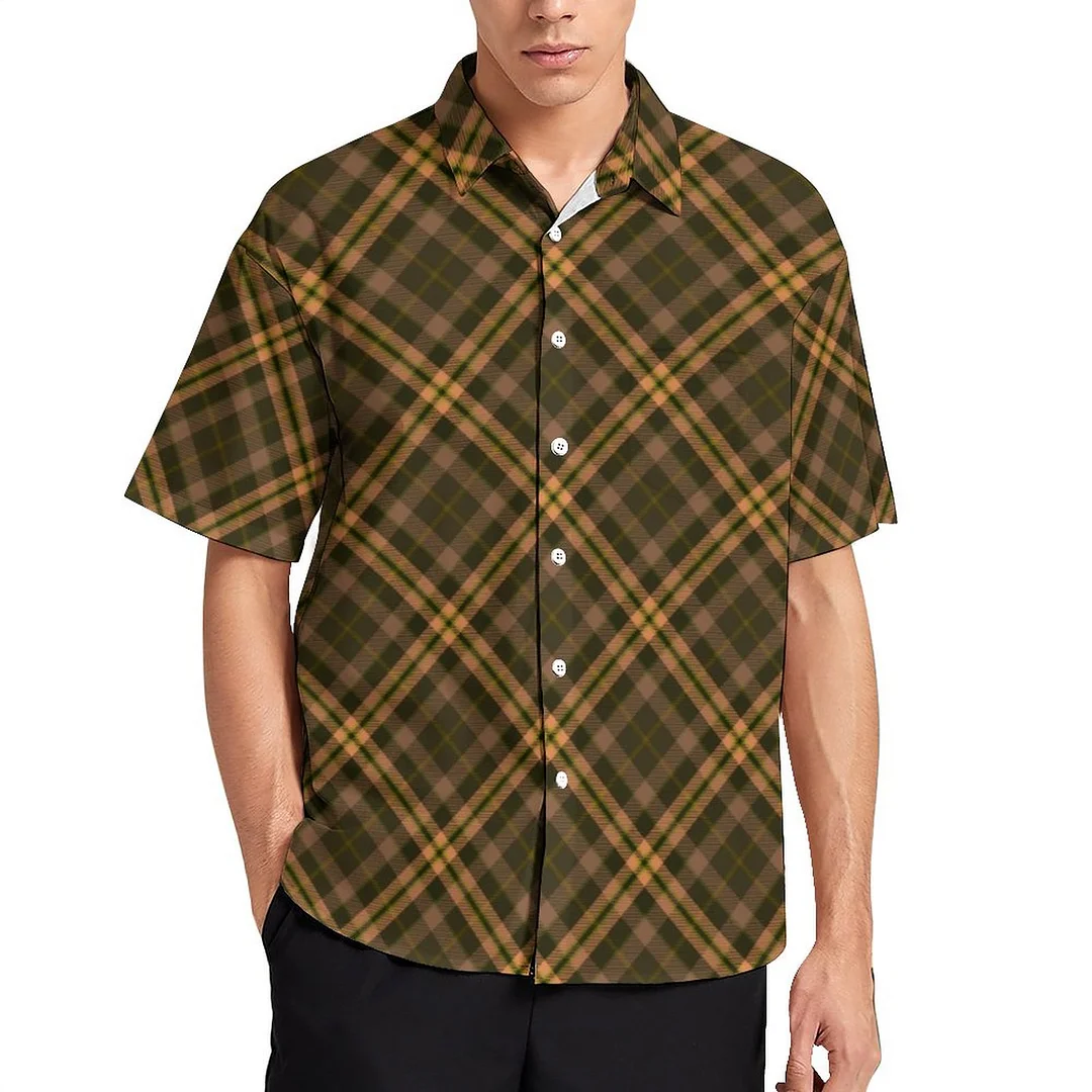 Light Brown Plaid Tartan Checkered Vintage Women Front Pocket Button Down Tops Men Shortsleeve Party Vacation Hawaiian Shirt