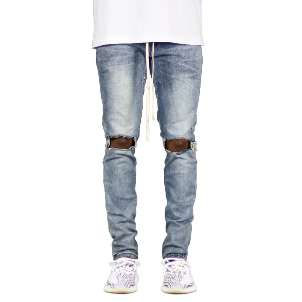 Men's trendy drawstring ripped jeans