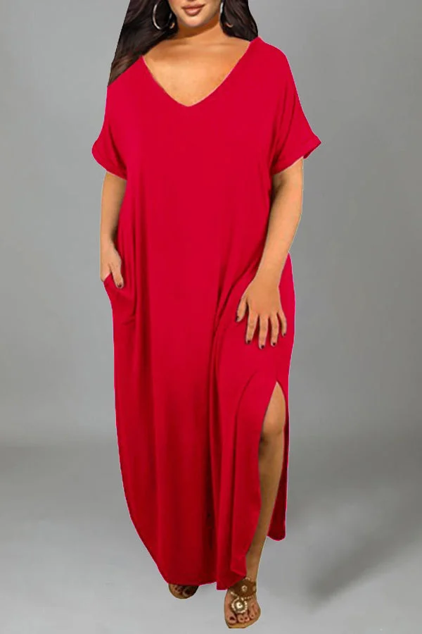 Loose V Neck Slit Maxi Dress
