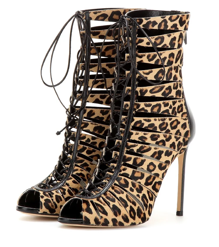 Leopard Print Boots Peep Toe Stiletto Heels Lace up Summer Boots |FSJ Shoes