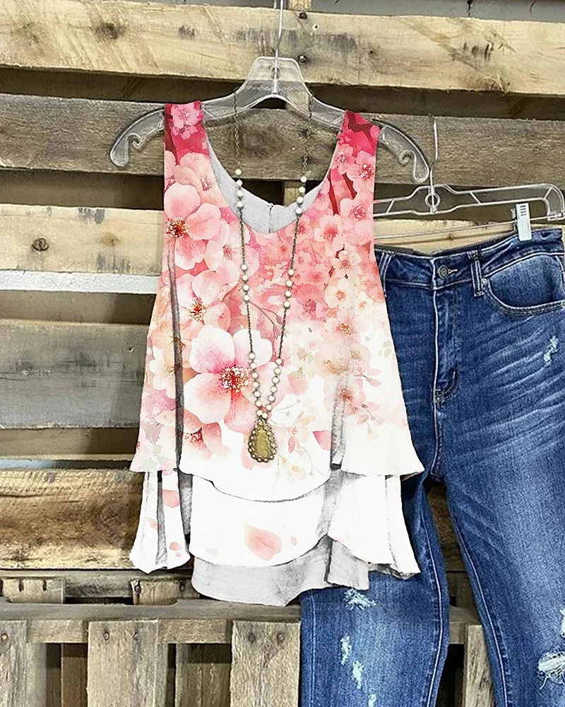 Women's Tank Top Pink Red Green Floral Print Sleeveless Casual Holiday Basic Round Neck