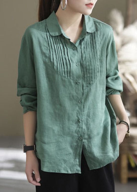 Organic Green Button Wrinkled Peter Pan Collar Linen Blouses Long Sleeve CK2808- Fabulory