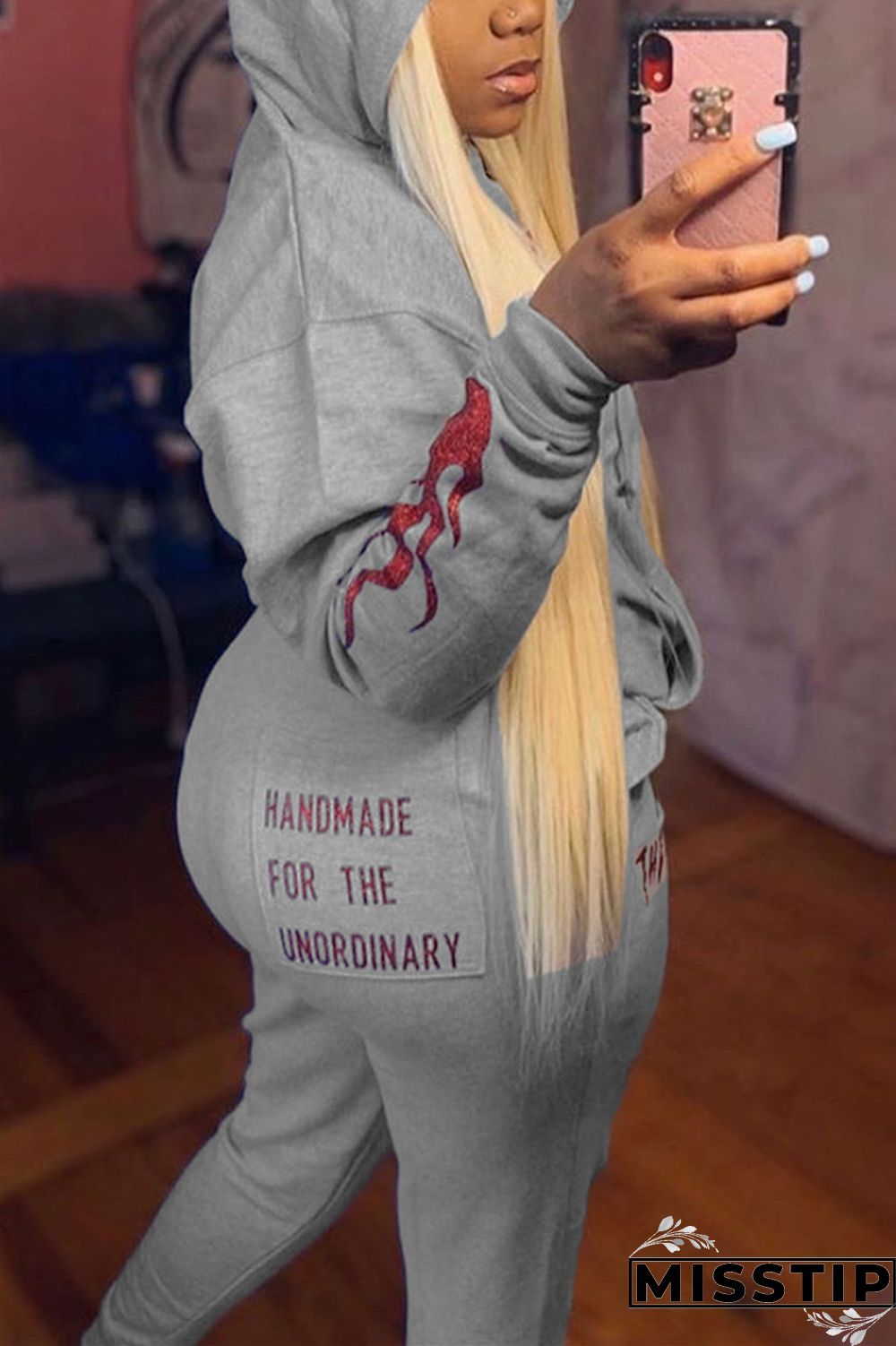 Grey Fashion Street Blends Letter Patchwork Print Patchwork Draw String Pocket Pullovers Pants Hooded Collar Long Sleeve Regular Sleeve Regular Two Pieces