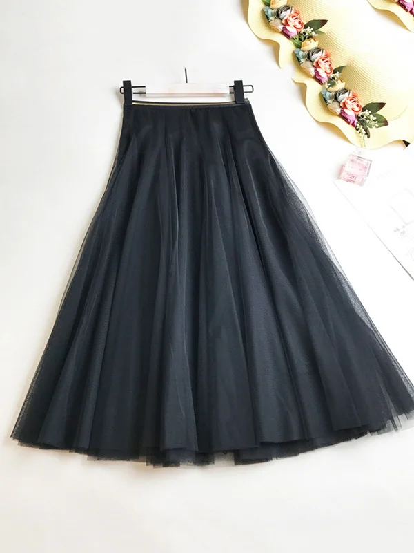 Solid Color Loose Elastic-Waist Mesh Skirt