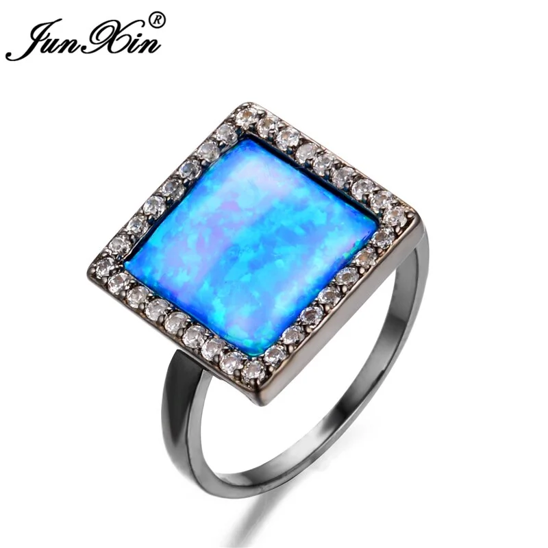 Size 6/7/8/9 Fashion Jewelry Princess Cut Ocean Blue Opal Rings White 10KT Black Gold Filled Women Wedding Ring