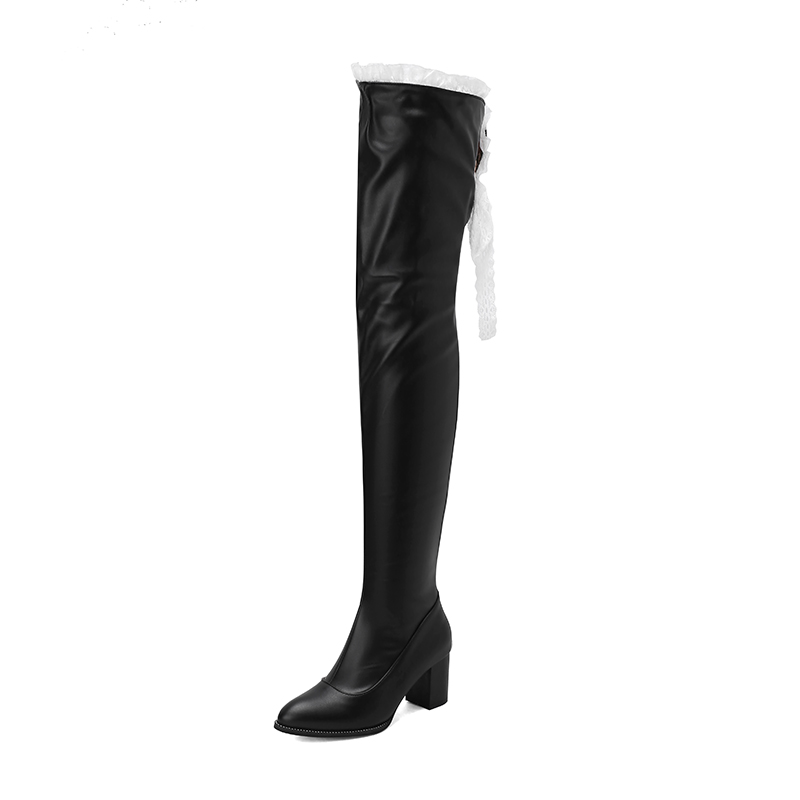 GOOSHOE Black Patent Leather Lace Bootlaces For Women Over The Knee High Boots Pointed Thick Heel Lace Straps Long Boots