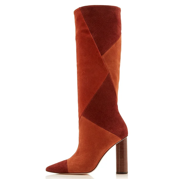 Tan and Brown Vegan Suede Chunky Heel Boots Knee High Boots |FSJ Shoes