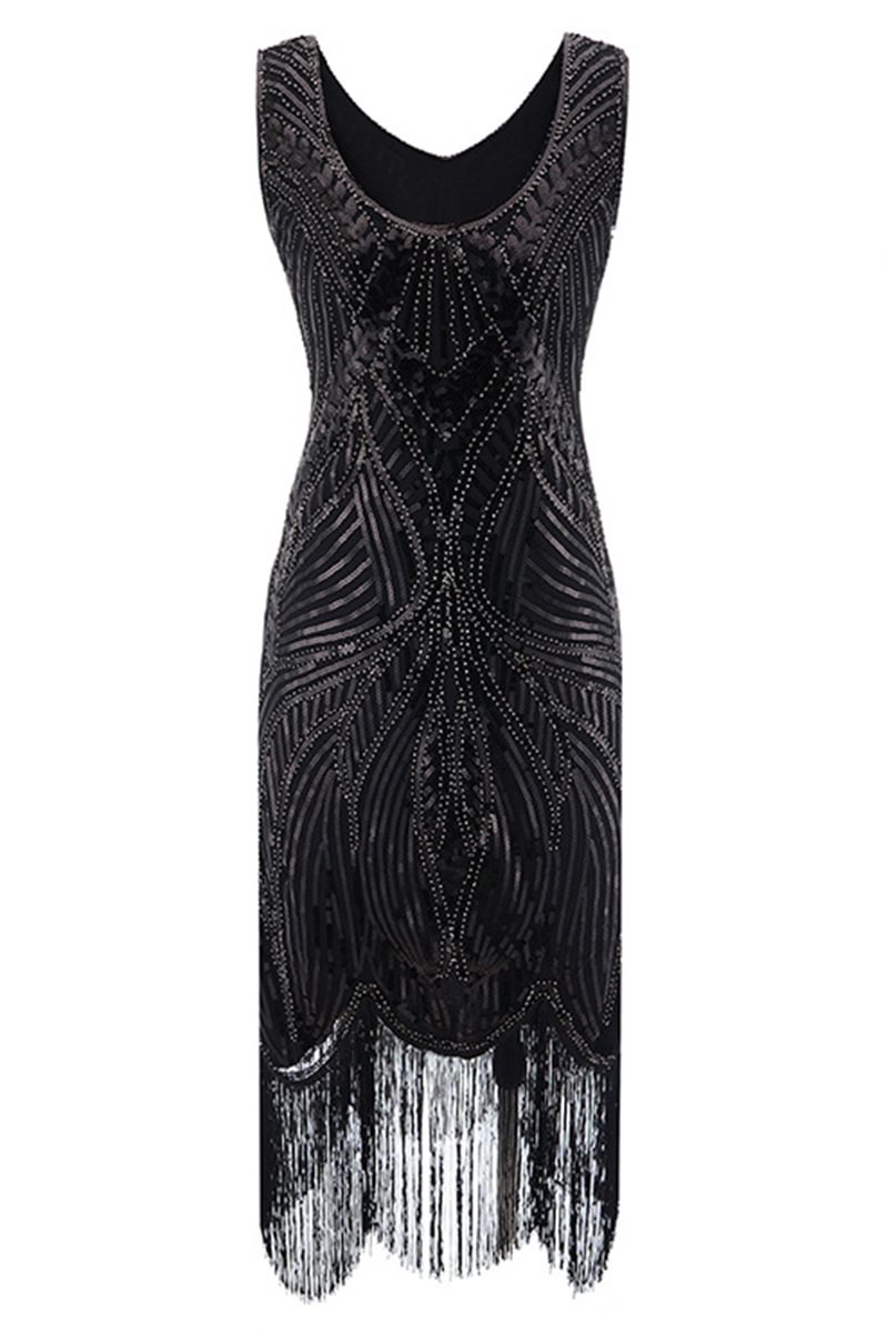 1920s Black Retro Cocktail Party V Neck Sequin Fringe Sleeveless Slim Midi Dress