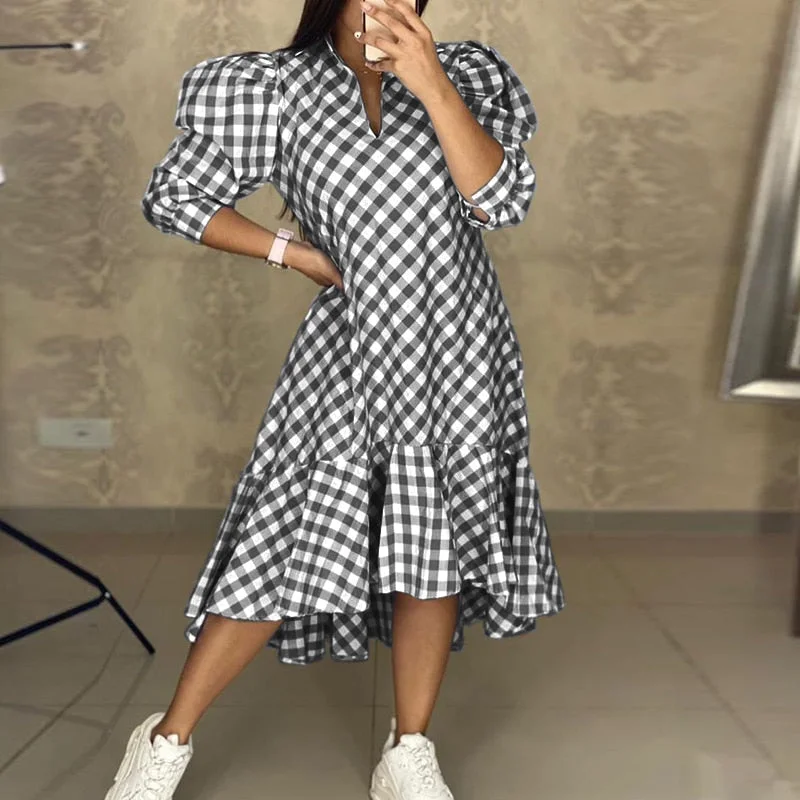 Bohemian Plaid Dress 2022 VONDA Women Vintage Puff Sleeve Ruffled Party Dresses Casual Pleated Vestido Oversized Robe Femme