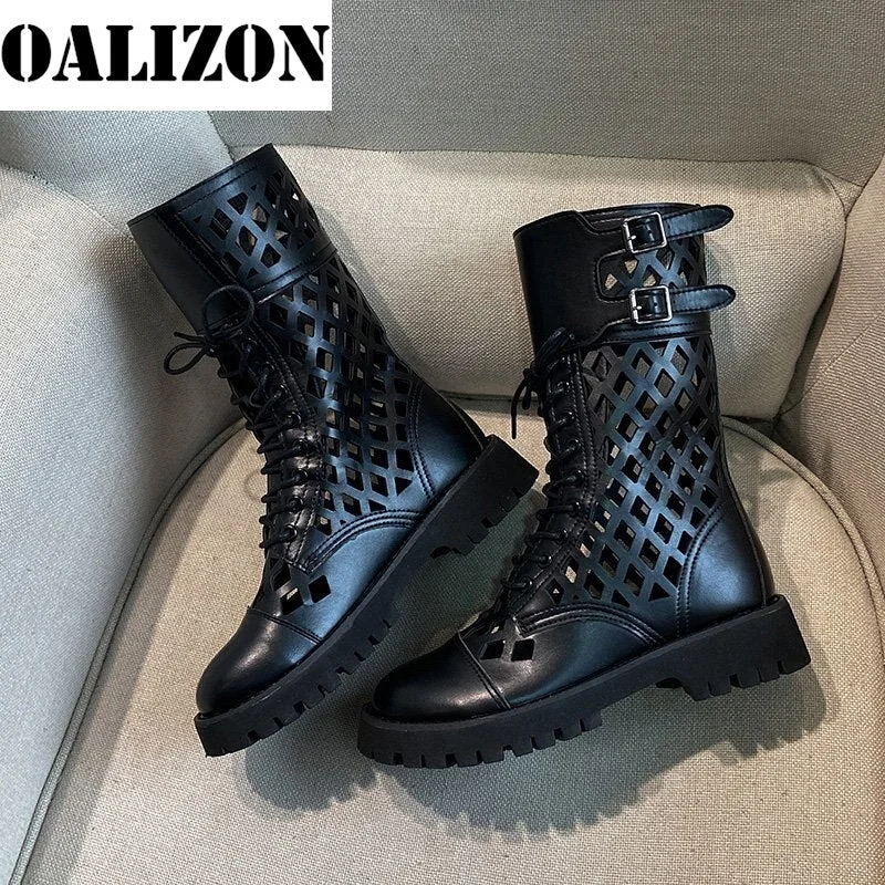 Women Summer Hollow Out Breathable Low Square Heels Cool Boots Shoes Woman Buckles Lace Up Mid Calf Sandals Bottine Boots Shoes