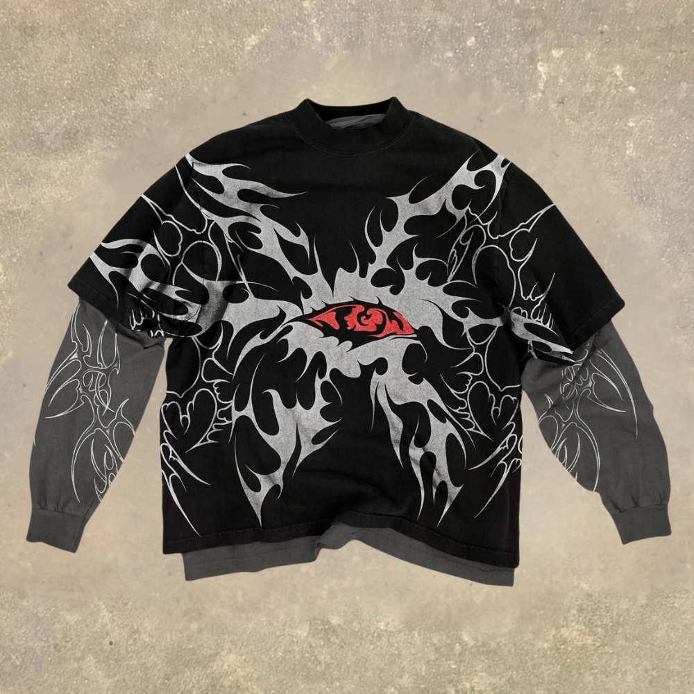Abstract Eye Flame Pattern Layered Long Sleeve T-shirt