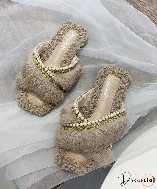 Stylish Splicing Fuzzy Fur Slippers Shoes Brown Nail Bead