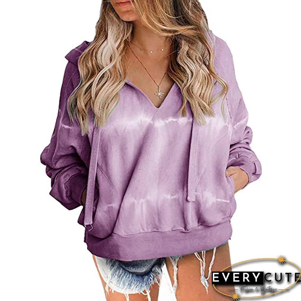 Light Purple V Neck Tie Dye Print Hoodie