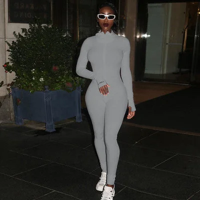 Uveng Zipper Stretch Turtleneck Embroidered Street Hipster Slim Fit Fitness Jumpsuit Yoga Suit