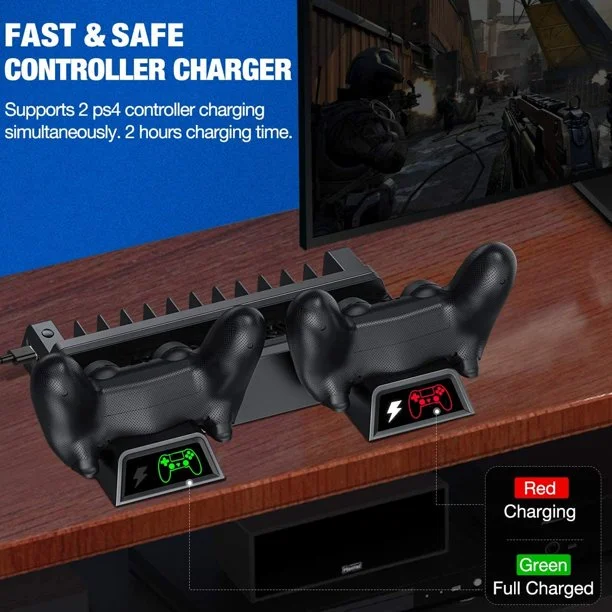 DinoFire PS4 Stand Cooling Station, Dual Controller Charging Station with 12 Game Slots, PS4 Vertical Stand Cooling Fan(Black)