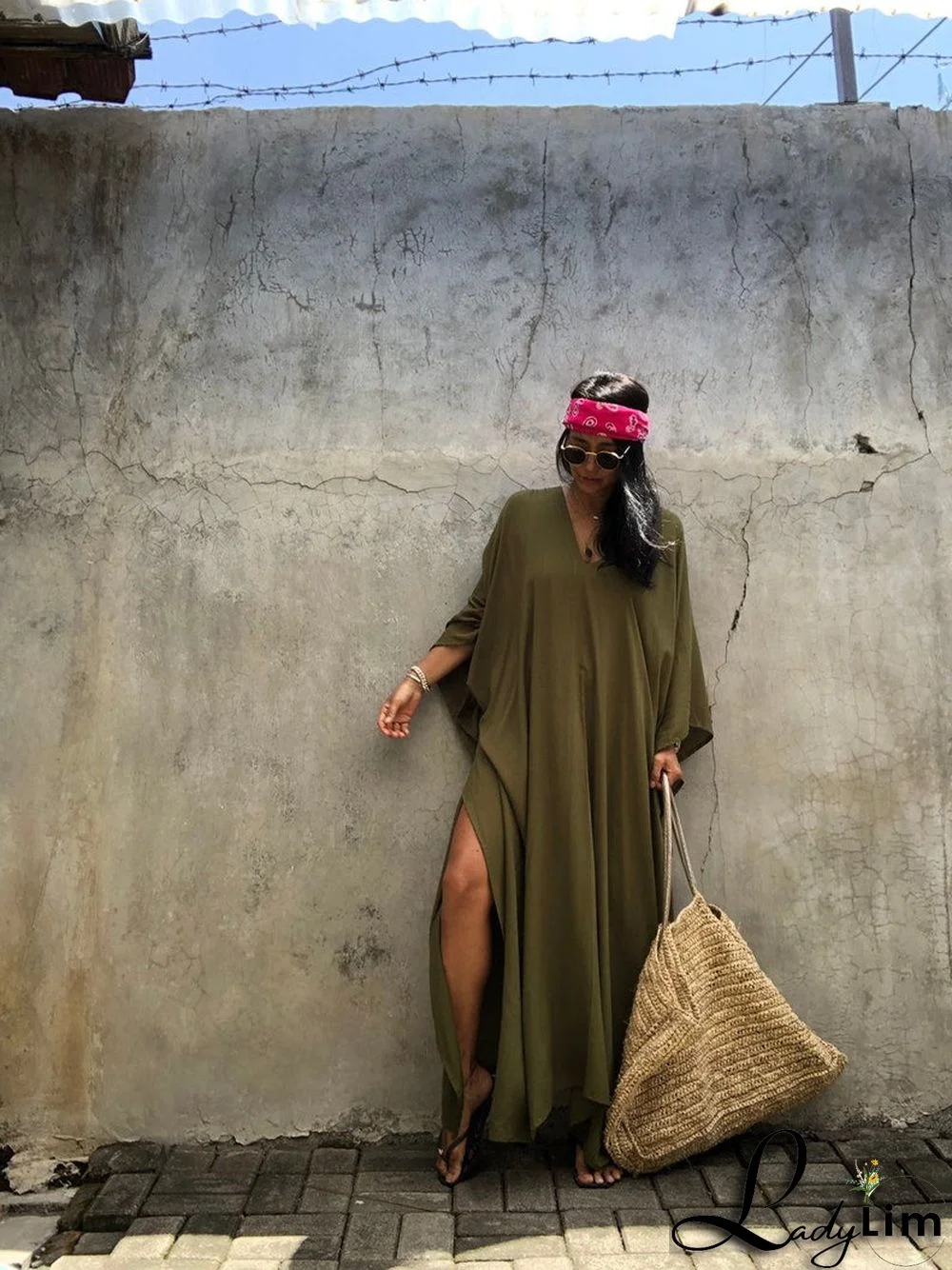 V Neck Solid Color Beach Cover Up