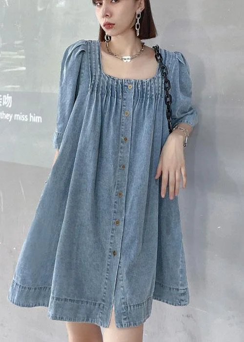 Italian Light Blue Square Collar Button Denim  Mini Dress