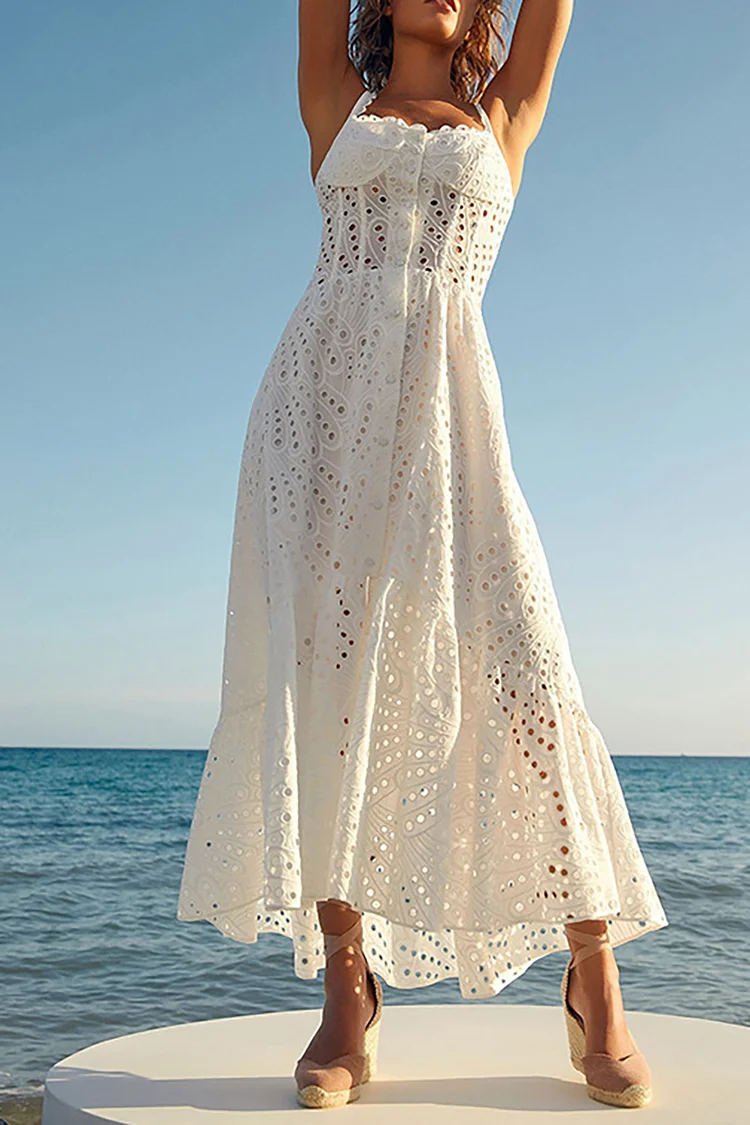 Cami Boat Neck Floral Embroidery Lace Ruffle Hem Slit Hollow Out A-line Vacation Midi Dress