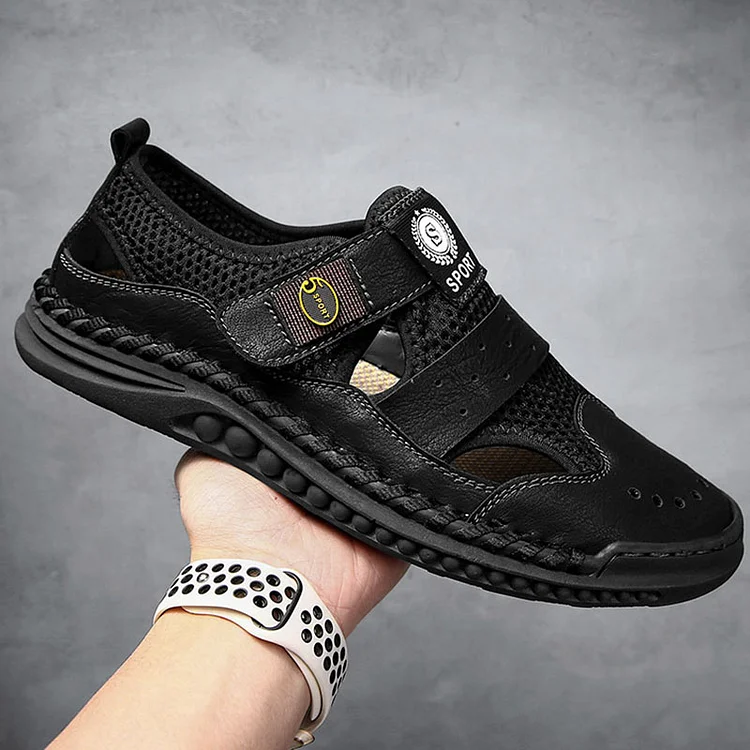 Mesh Cut Out Faux Leather Patchwork Hook And Loop Flat Casual Sandals
