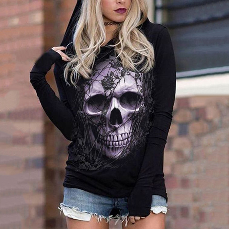 Skull Print Long Sleeve Casual Hoodie wearshes