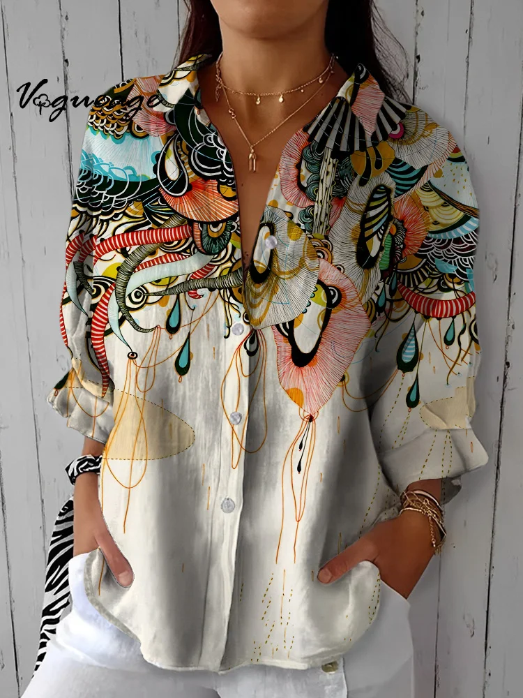 Fashion Creative Painted Plants Printed Cotton And Linen Shirt