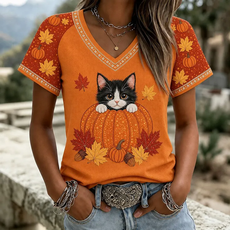 Women's Autumn Pumpkin Cat Art Print V-neck Short Sleeve Casual T-shirt