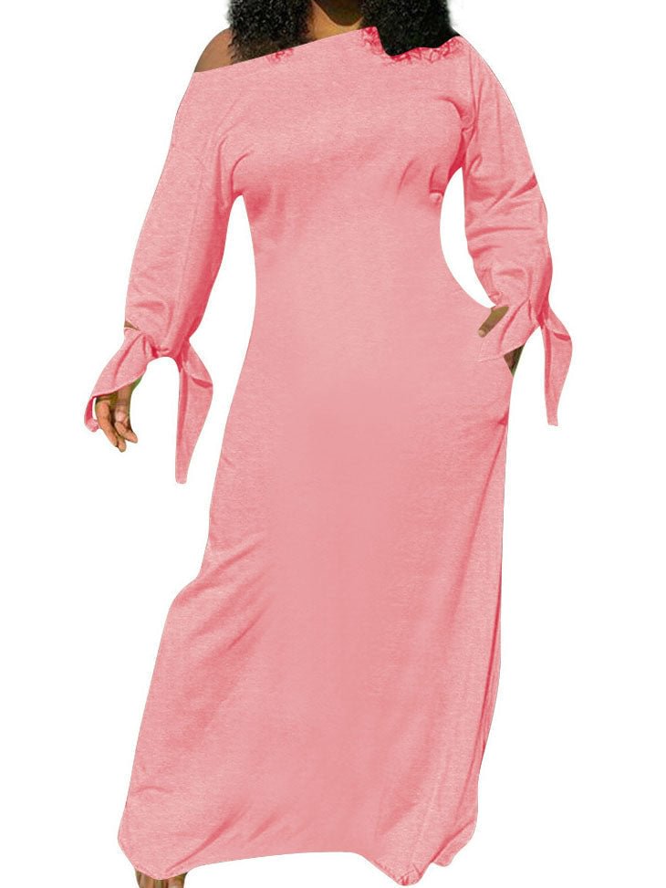 Plus Size Casual Solid One Shoulder Long Sleeves Knotted Maxi Dress