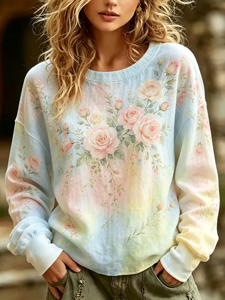 Comstylish Vintage Pink Rose Art Print Gradient Linen-cotton Blend Crew Neck Top