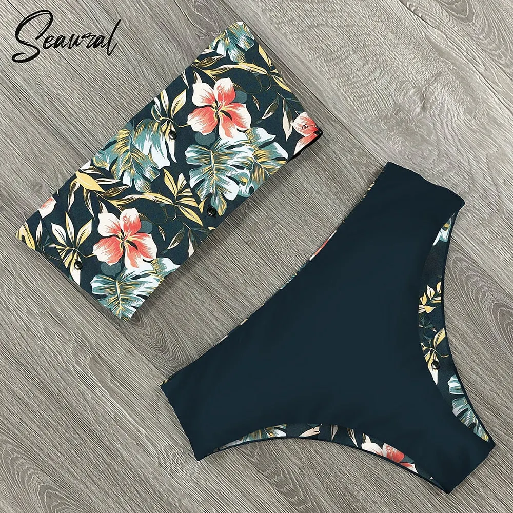 2020 New Sexy Low Hight Bikini Set Swimwear Women Bandeau Female Print Floral Strappy Swimsuit Bathing Suit Beach Wear Biquini
