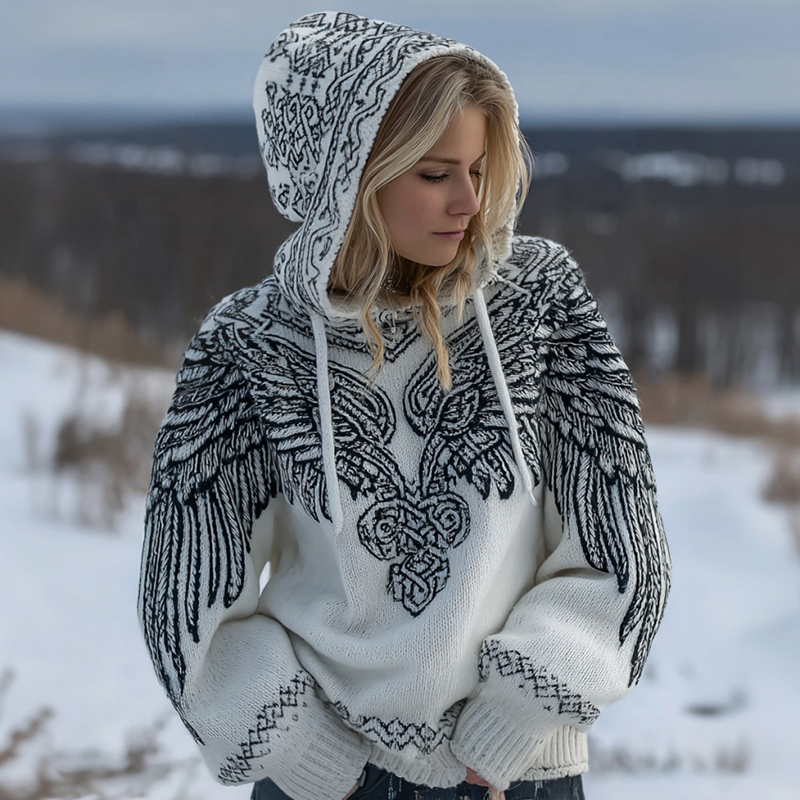 Women's Retro Celtic Knot And Wing Pattern Comfortable Hooded Sweater elevenforest