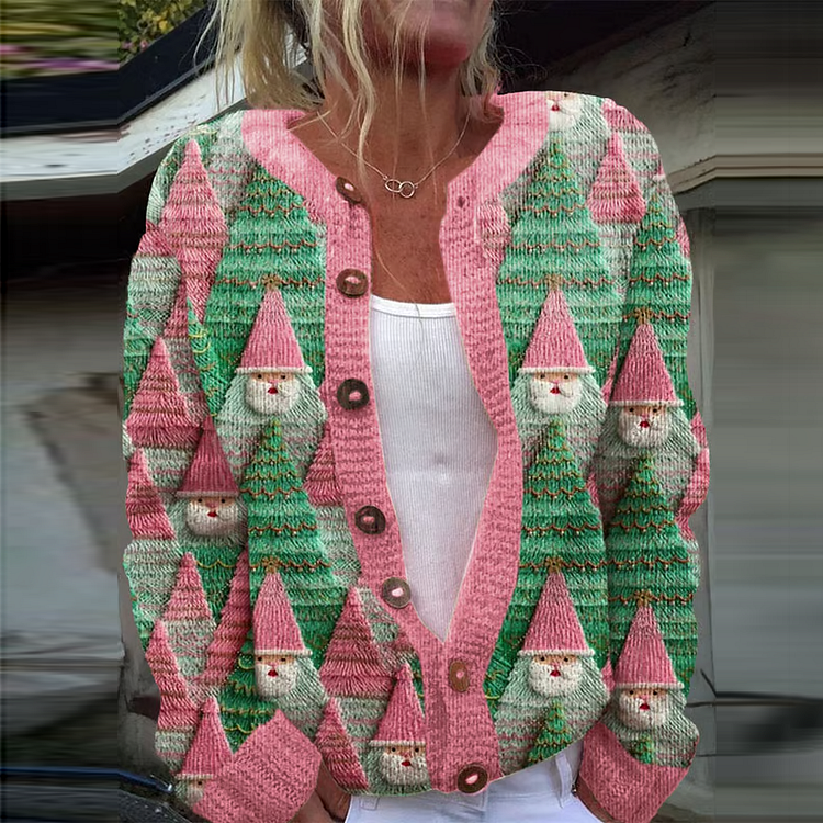 Vintage Christmas Patchwork Tree Print Comfortable Sweater Knit Cardigan