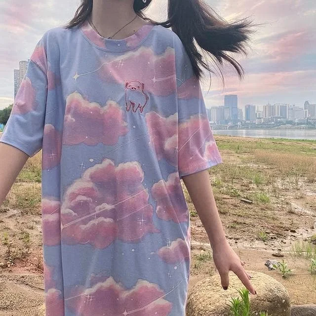 Pink Blue Cloud Print Short Sleeve T-shirt SP15280