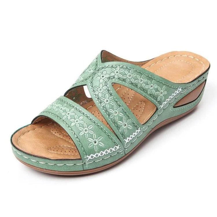 Floral Embroidered Cutout Boho Casual Wedge Slides